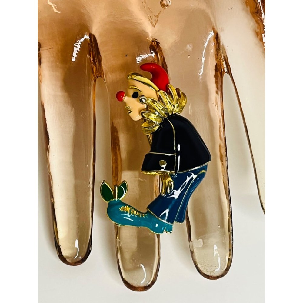 VINTAGE Enamel Clown Jester Brooch Pin Red Nose Gold Tone Funny Unique